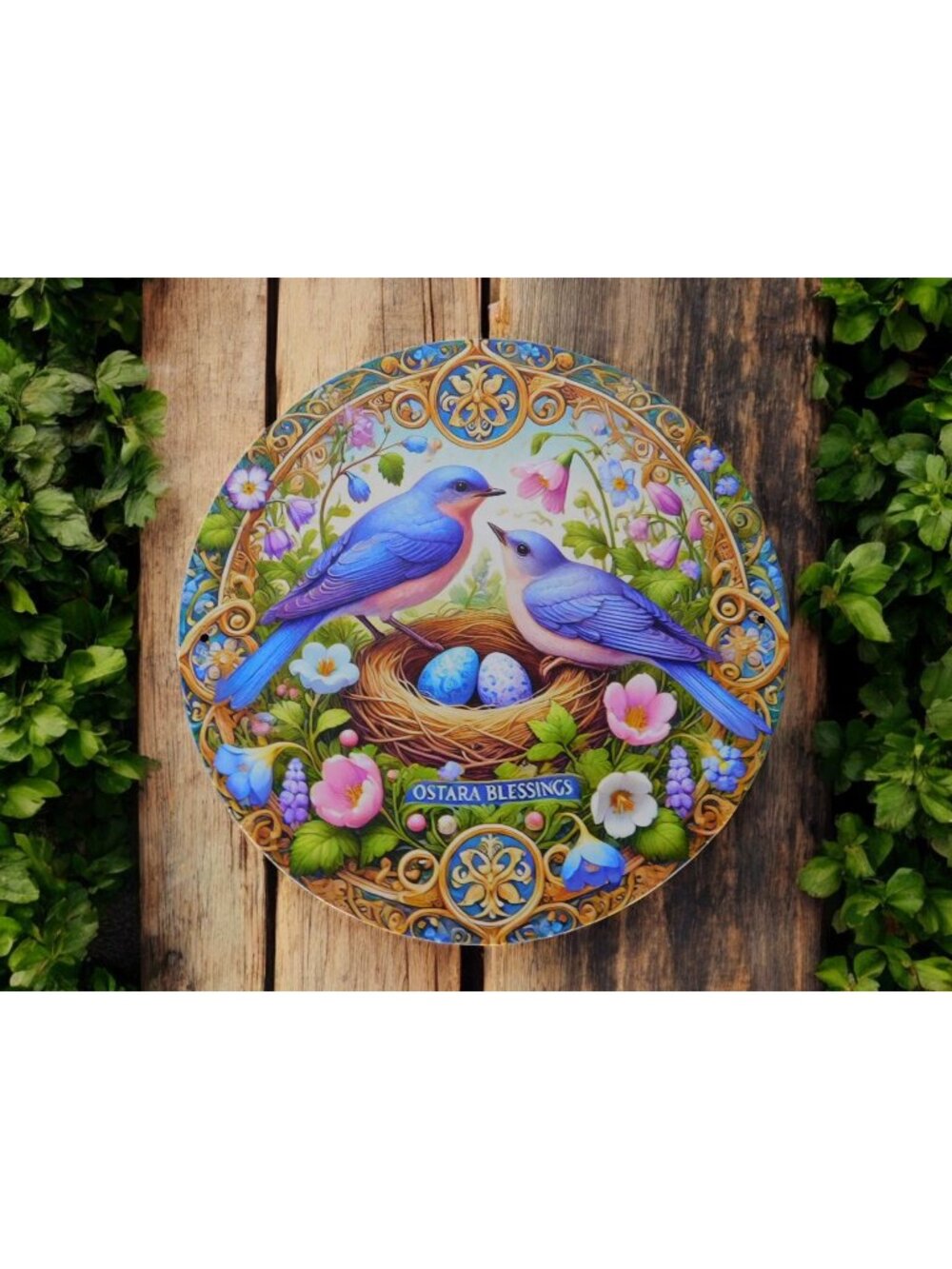 Ostara Blessings Decorative Metal Sign With Bluebirds & Floral Design – 8"x8" Ro